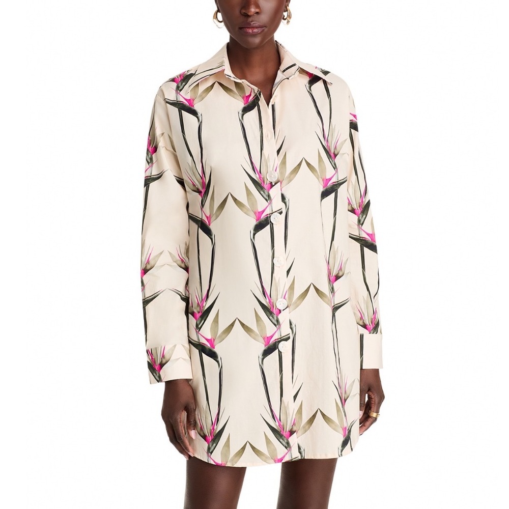 The Lulo Project Birds of Paradise Shirt Dress Cream Floral Long Sleeve Small